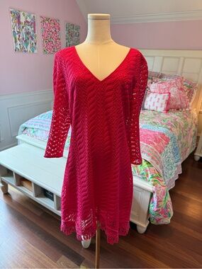 Lilly Pulitzer Hot Pink Crochet Long Sleeve Dress